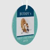 Niedlich Blue First Christmas Puppy Dodge Foto Ornament (Vorderseite)