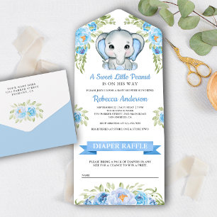 Niedlich Blue Floral Elephant Baby Dusche All In One Einladung