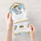 Niedlich Blue Floral Prince Elephant Baby Dusche All In One Einladung (Abreißen)