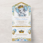 Niedlich Blue Floral Prince Elephant Baby Dusche All In One Einladung (Innen Boden)