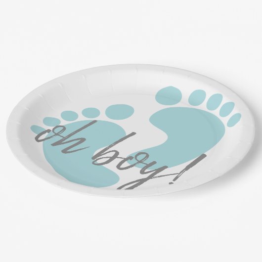 Niedlich Blue Footprints Baby Dusche Pappteller (Schrägansicht)