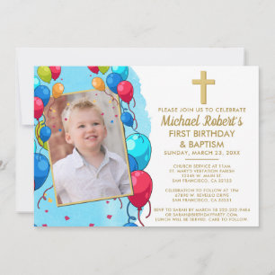 Niedlich Blue Foto Boy 1. Geburtstag Taufe Einladung