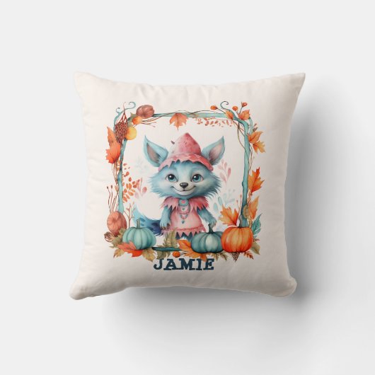 Niedlich Blue Fox Orange Pumpkin Kids Halloween Kissen (Rückseite)