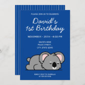 Niedlich Blue Funny Sleeping Koala 1. Geburtstag Einladung (Vorne/Hinten)