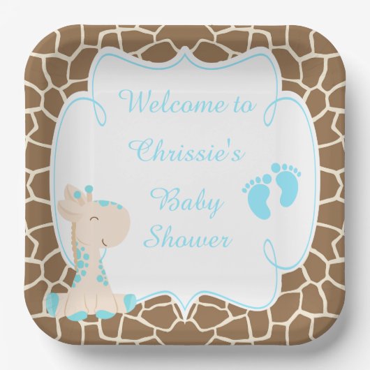 Niedlich Blue Giraffe Baby Dusche Pappteller (Vorderseite)