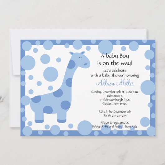 Niedlich Blue Giraffe Boy Baby Shower Einladung (Vorderseite)