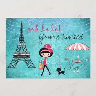 Niedlich Blue Girl and Cat Paris Geburtstagseinlad Einladung