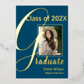 Niedlich Blue Gold Foto 2024 Graduate Ankündigung (Vorderseite)