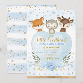 Niedlich Blue Gold Woodland Sweetheart 1. Geburtst Einladung