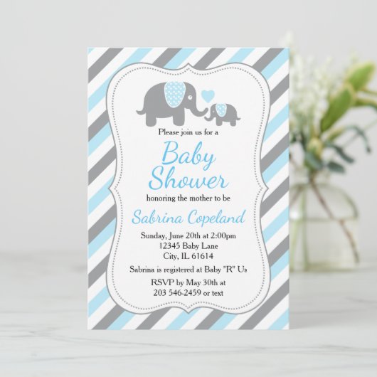 Niedlich Blue & Gray Stripe Elephant Babydusche Einladung (Stehend Vorderseite)