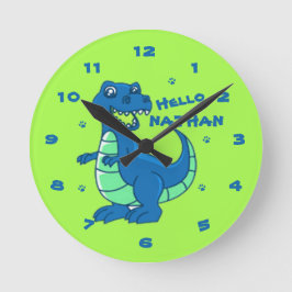 Niedlich Blue Green Dinosaurier Hallo Name Kinder Runde Wanduhr