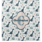 Niedlich Blue Green Dinosaurier mit Foliage und Ei Duschvorhang (Vorderseite)