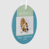 Niedlich Blue Green First Christmas Puppy Foto Ornament (Vorderseite)