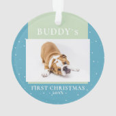 Niedlich Blue Green First Christmas Puppy Foto Ornament (Rückseite)