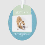 Niedlich Blue Green First Christmas Puppy Foto Ornament (Vorderseite)