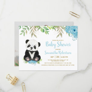 Niedlich Blue Greenery Boy Panda Baby Dusche Foto Einladungspostkarte
