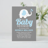 Niedlich Blue Grey Boy Elephant Baby Dusche Einlad Einladung (Stehend Vorderseite)