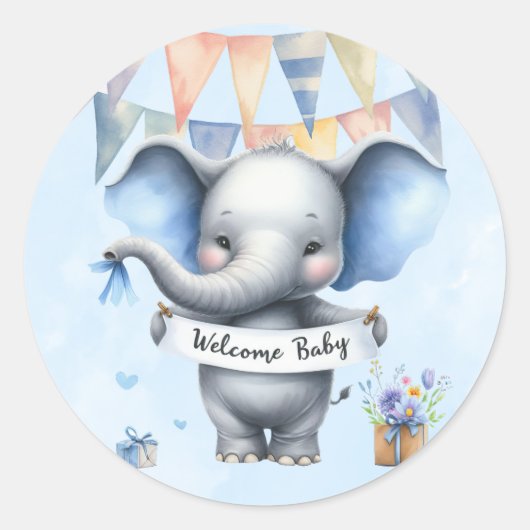 Niedlich Blue Grey Elephant Welcome Baby Boy Dusch Runder Aufkleber (Vorderseite)