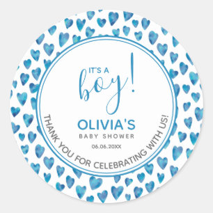 Niedlich Blue Heart Baby Dusche Es ist ein Junge Runder Aufkleber