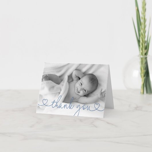 Niedlich Blue Heart Script Custom Baby Boy Foto Dankeskarte (Vorderseite)