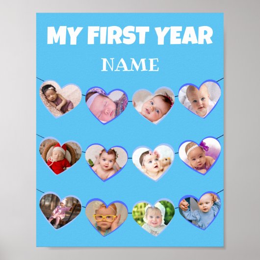 Niedlich Blue Hearts Mein erstes Jahr 12 FotoColla Poster (Vorne)