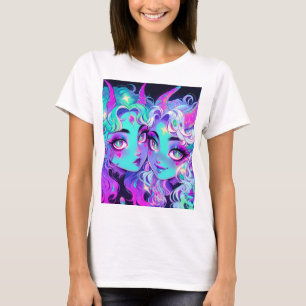 Niedlich Blue Horned Alien Twins Anime Girls T-Shirt