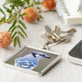 Niedlich Blue Jay Songbird auf Treestump Schlüsselanhänger