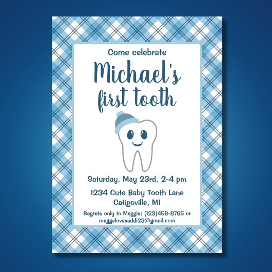 Niedlich Blue Kariert Baby Boy's First Tooth Party Einladung