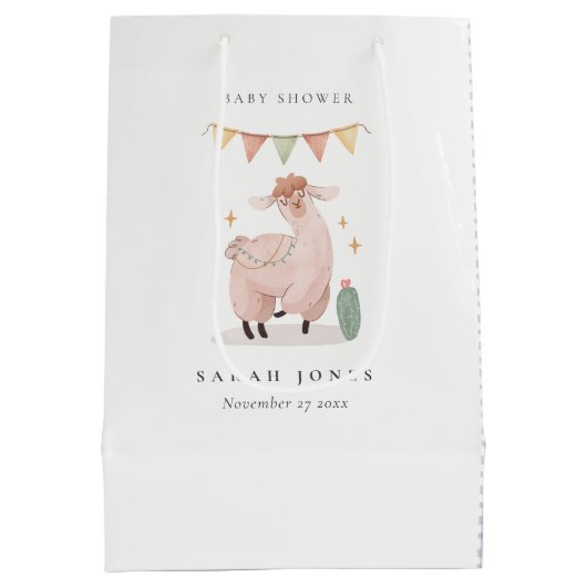 Niedlich Blue Kariert Cactus Boho Llama Baby Showe Mittlere Geschenktüte (Rückseite)