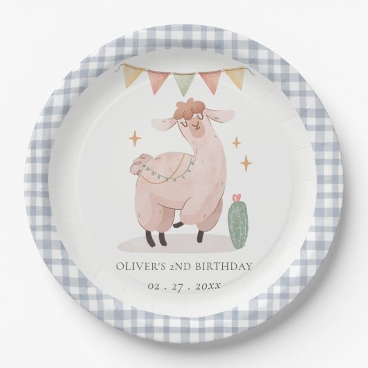 Niedlich Blue Kariert Cactus Boho Llama jeden Gebu Pappteller (Vorderseite)