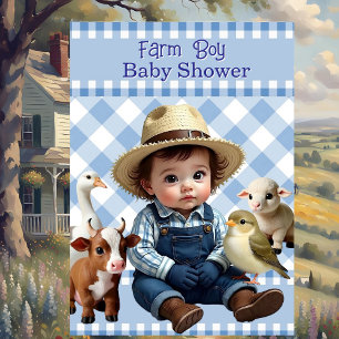 Niedlich Blue Karo Farm Boy Baby Shower Animes Einladung