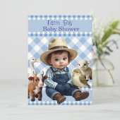 Niedlich Blue Karo Farm Boy Baby Shower Animes Einladung (Stehend Vorderseite)
