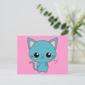 Niedlich Blue Kawaii Cat Postkarte (Stehend Vorderseite)