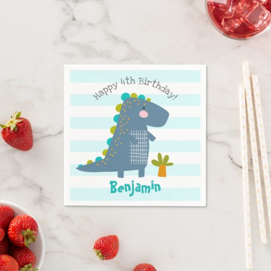 Niedlich Blue Kawaii Dinosaur Boy Birthday Name Fu Serviette (Beispiel)