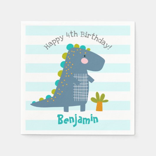 Niedlich Blue Kawaii Dinosaur Boy Birthday Name Fu Serviette (Vorderseite)