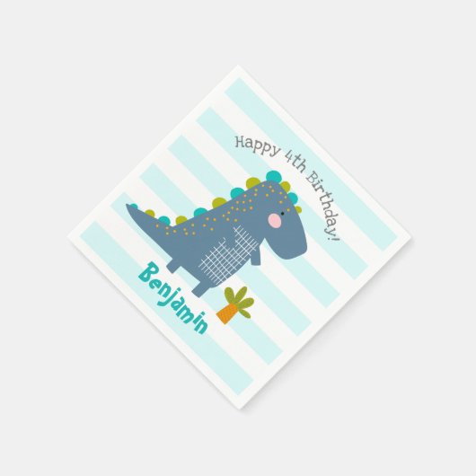 Niedlich Blue Kawaii Dinosaur Boy Birthday Name Fu Serviette (Ecke)