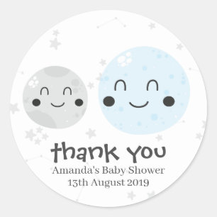 Niedlich Blue Kawaii Planet and Moons Baby Shower Runder Aufkleber