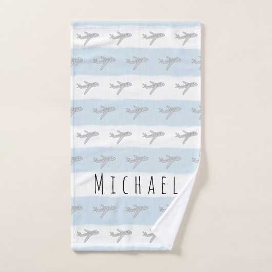 Niedlich Blue Kids Blue Airplane Design & Name Badhandtuch Set (Handtuch)