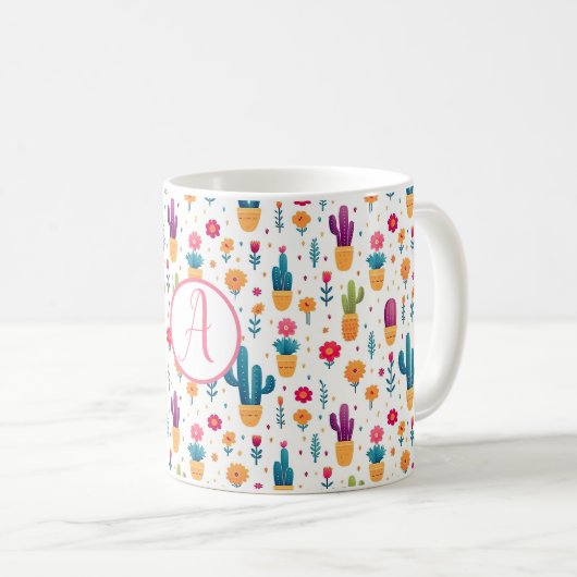 Niedlich Blue & Lavender Floral Cactus Script Mono Kaffeetasse (VorderseiteRechts)