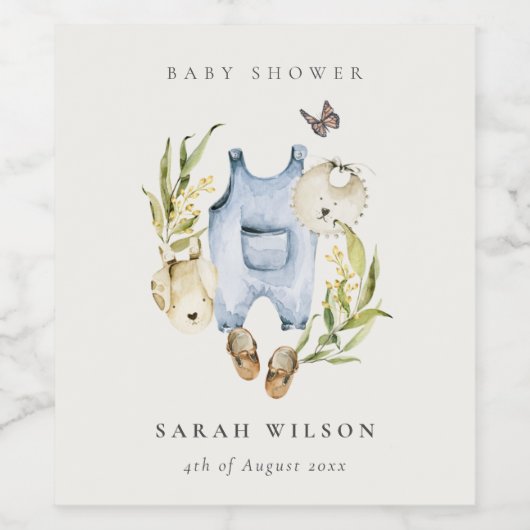 Niedlich Blue Leafy Foliage Boy Clothes Babydusche Weinetikett (Einzelnes Label)