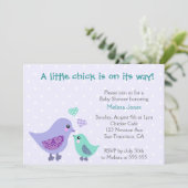 Niedlich Blue & Lila Bird Baby Dusche Einladung (Stehend Vorderseite)