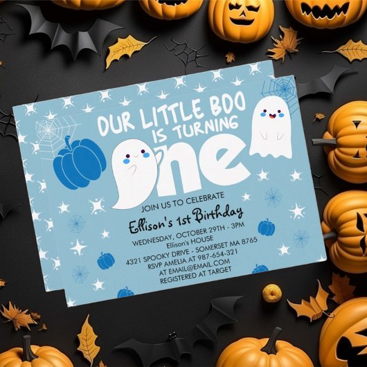 Niedlich Blue Little Boo Halloween Erster Geburtst Einladung