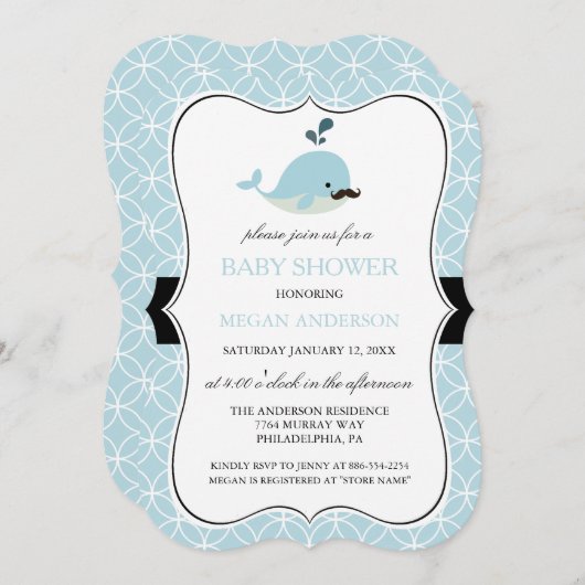 Niedlich Blue Mustache Whale Boy Babydusche Einlad Einladung (Vorne/Hinten)