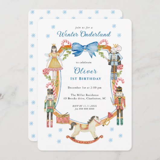 Niedlich Blue Nutcracker Weihnachtsjunge 1. Geburt Einladung (Vorne/Hinten)