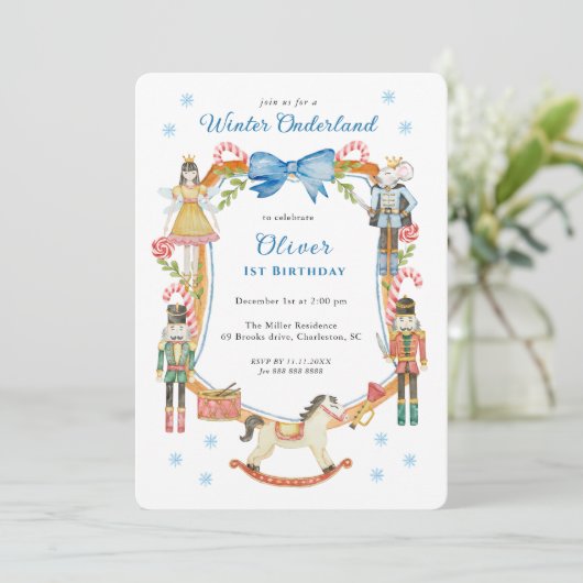 Niedlich Blue Nutcracker Weihnachtsjunge 1. Geburt Einladung (Stehend Vorderseite)