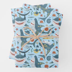 Niedlich Blue Ocean Baby Sharks Kindergeburtstag B Geschenkpapier Set
