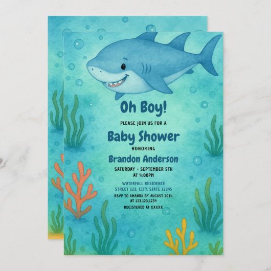 Niedlich Blue Ocean Shark Boy Baby Dusche Einladung (Vorne/Hinten)