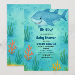 Niedlich Blue Ocean Shark Boy Baby Dusche Einladung