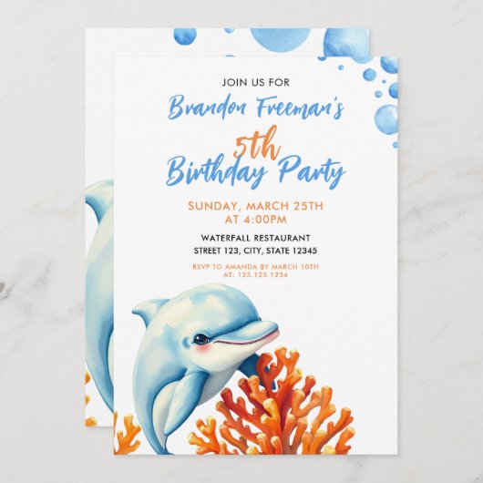 Niedlich Blue & Orange Coral Dolphin Kindergeburts Einladung (Vorne/Hinten)