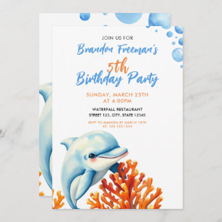 Niedlich Blue & Orange Coral Dolphin Kindergeburts Einladung